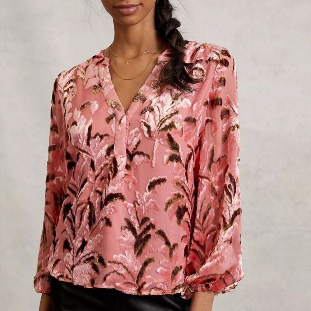 Anthropologie Lori burnout crushed velvet pink gold blouse artsy dopamine small